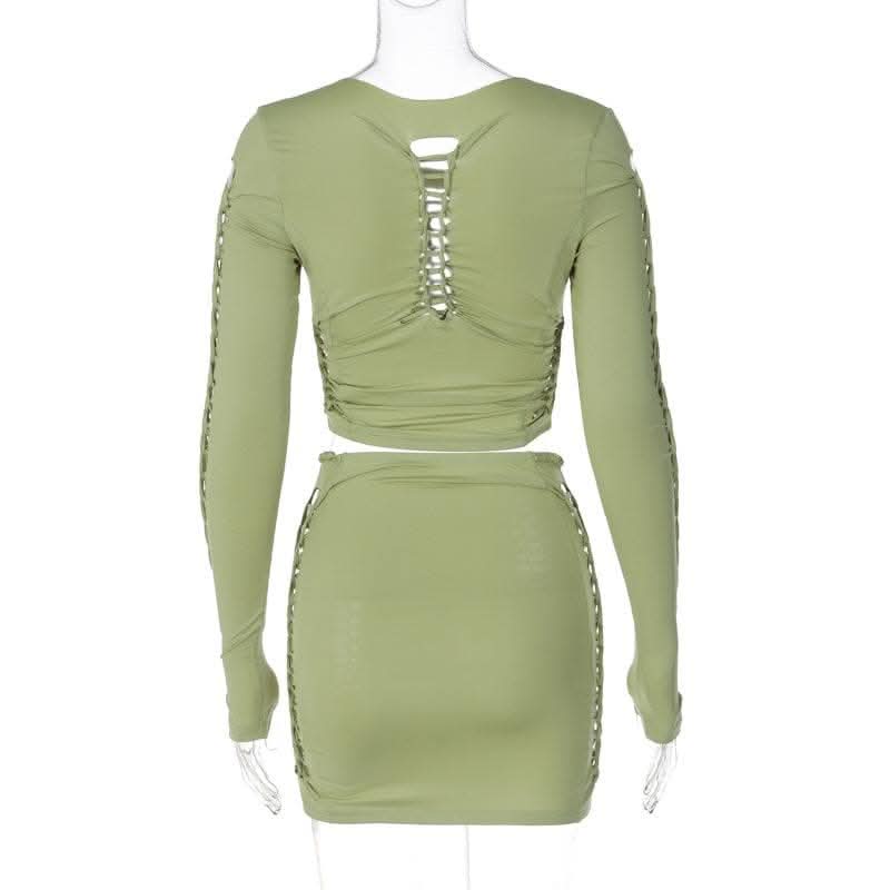 Long sleeve solid hollow out round neck ruched crop top skirt set-final-sale