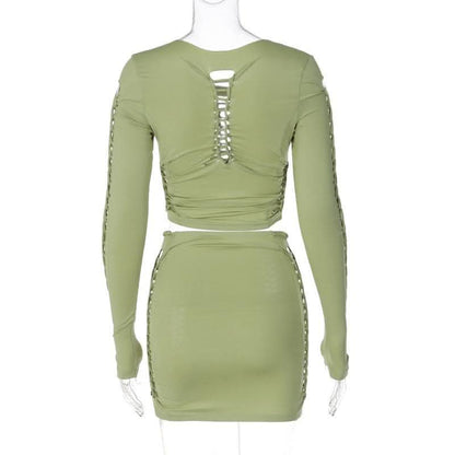 Long sleeve solid hollow out round neck ruched crop top skirt set-final-sale