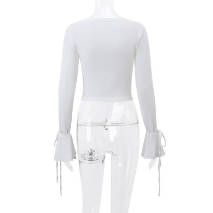 Long flared sleeve self tie stitch ribbed solid crop top