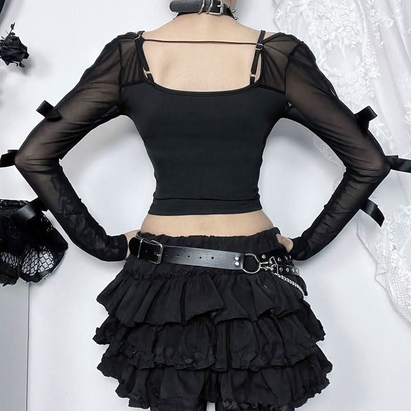 Long sleeve bowknot mesh v neck hollow out cut out top