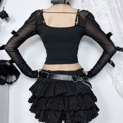 Long sleeve bowknot mesh v neck hollow out cut out top