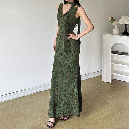 Halter cowl neck flower pattern maxi dress