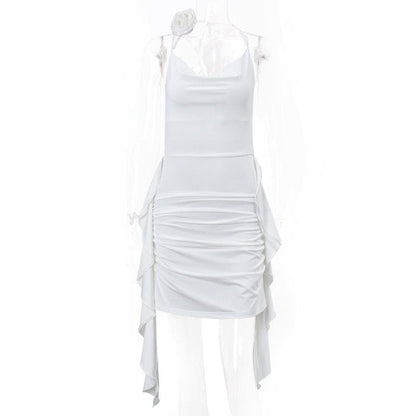 Cowl neck flower applique ruched backless solid mini dress