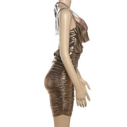 Metallic ruched glitter hollow out halter self tie cut out mini dress