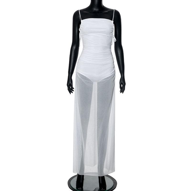 Ruched mesh high slit backless cami maxi dress