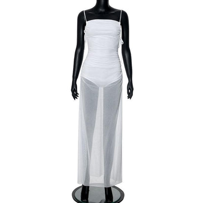 Ruched mesh high slit backless cami maxi dress