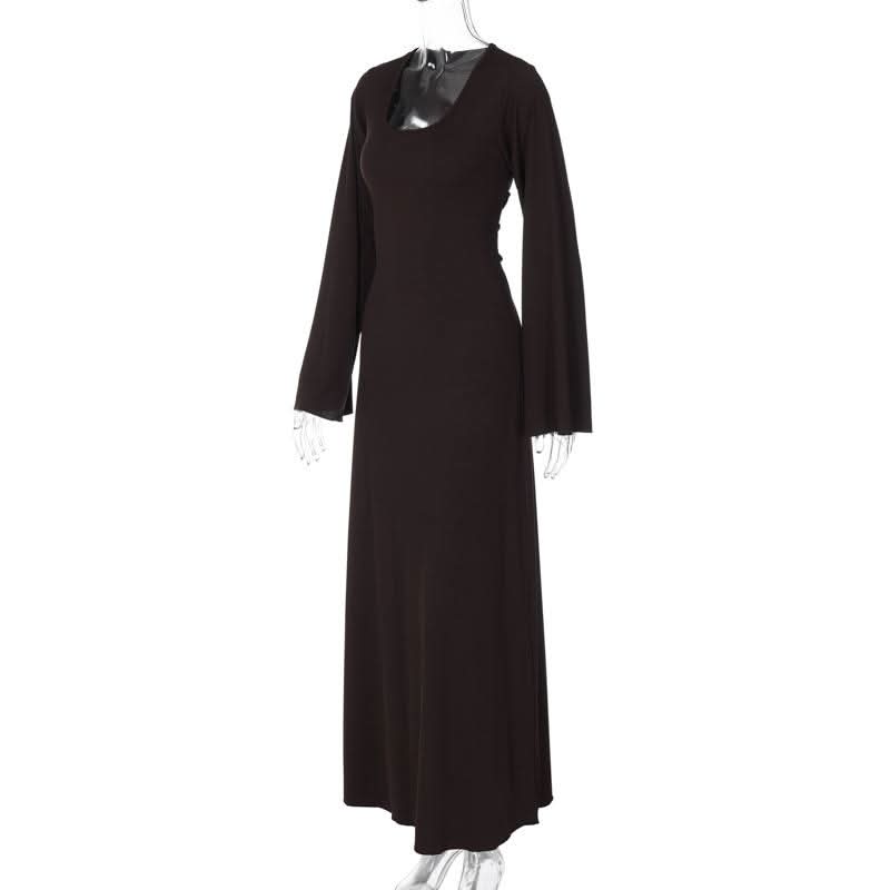 Long sleeve u neck ribbed solid maxi dress