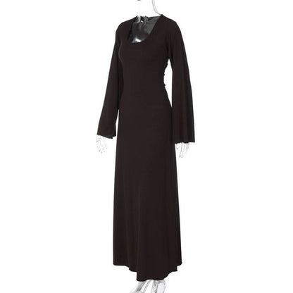 Long sleeve u neck ribbed solid maxi dress