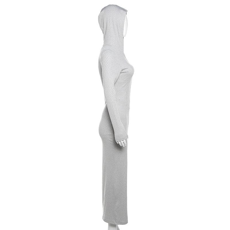 Hooded Zip Front Ribbed Panel Bodycon Maxi Dress