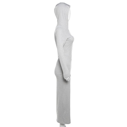 Hooded Zip Front Ribbed Panel Bodycon Maxi Dress