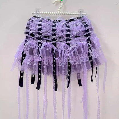 Cross front lace hem bowknot self tie mini skirt set