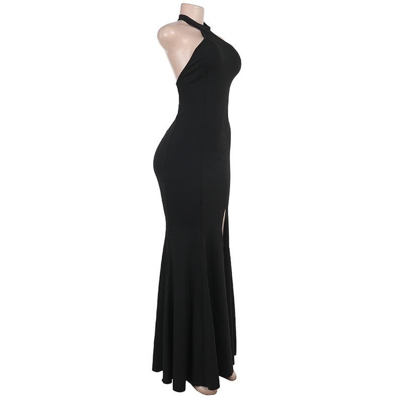 Halter backless high slit solid maxi dress