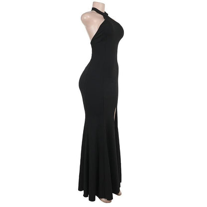 Halter backless high slit solid maxi dress