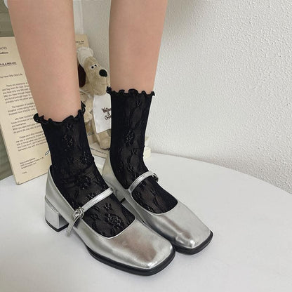 Ruffle hollow out lace solid socks