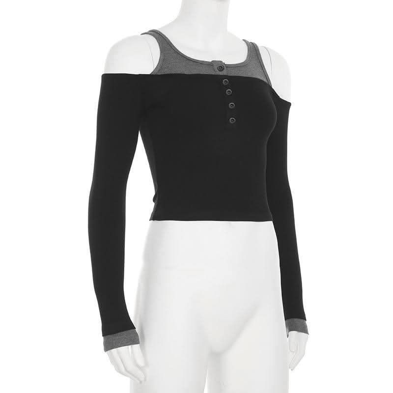 Off shoulder long sleeve contrast button top