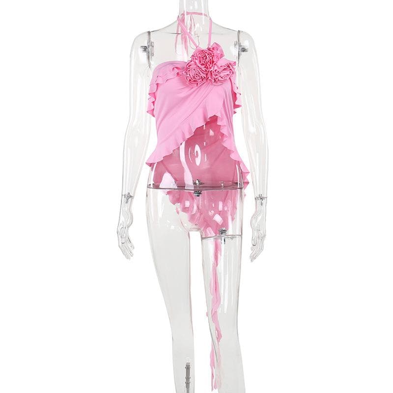 Halter flower applique ruffle irregular crop top