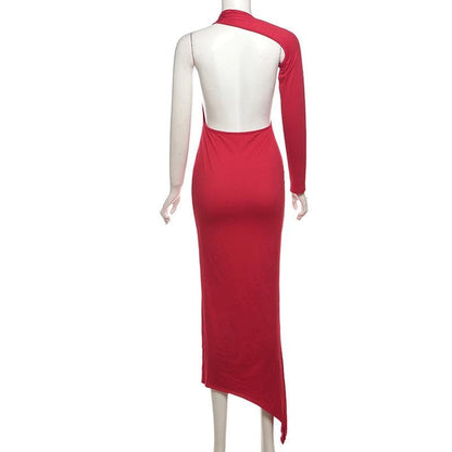 Long sleeve halter irregular one shoulder maxi dress