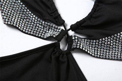 Hollow Out Rhinestone Bust Asymmetric Sleeve Backless Mini Dress