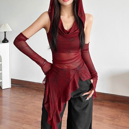 Hoodie cowl neck irregular gloves sheer mesh top