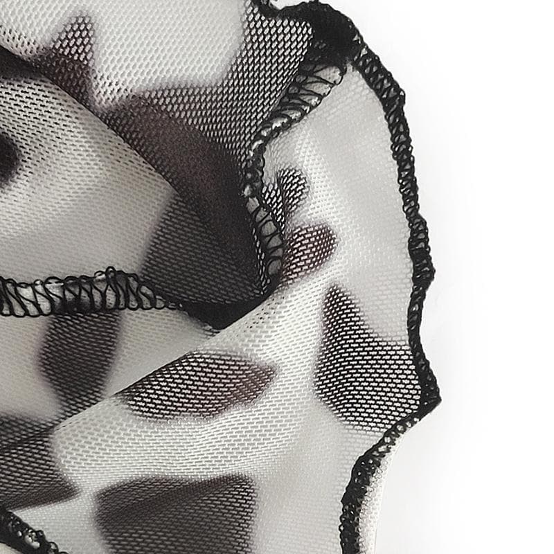 Sheer mesh see through print stitch ruffle open back top