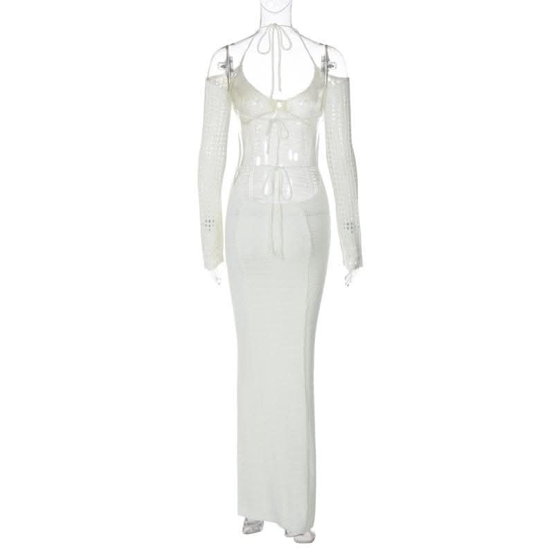 Long sleeve off shoulder halter knitted backless maxi dress-final-sale