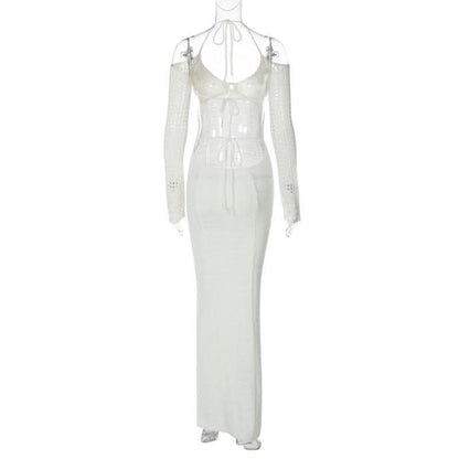Long sleeve off shoulder halter knitted backless maxi dress-final-sale