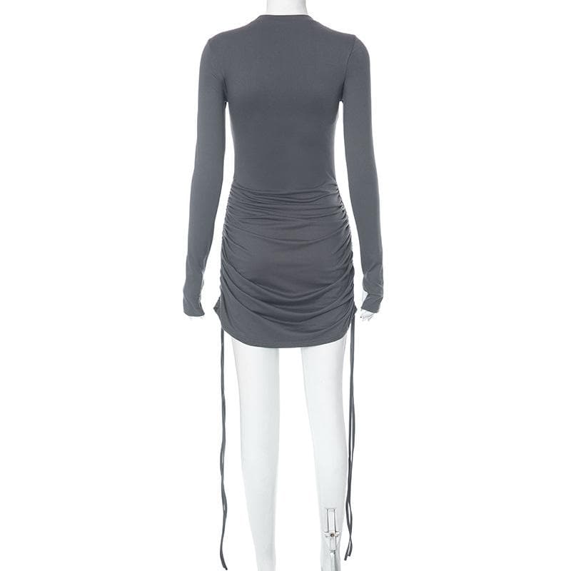 Mock Neck Thumbhole Long Sleeve Drawstring Ruched Mini Dress