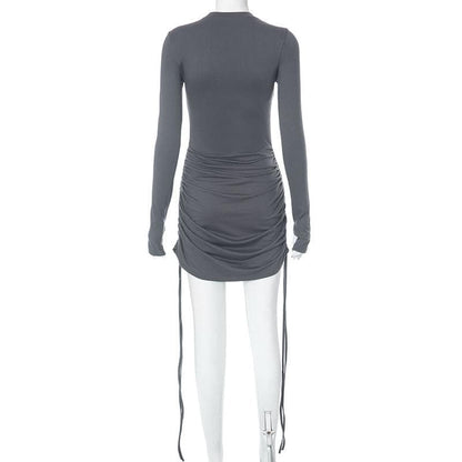 Mock Neck Thumbhole Long Sleeve Drawstring Ruched Mini Dress