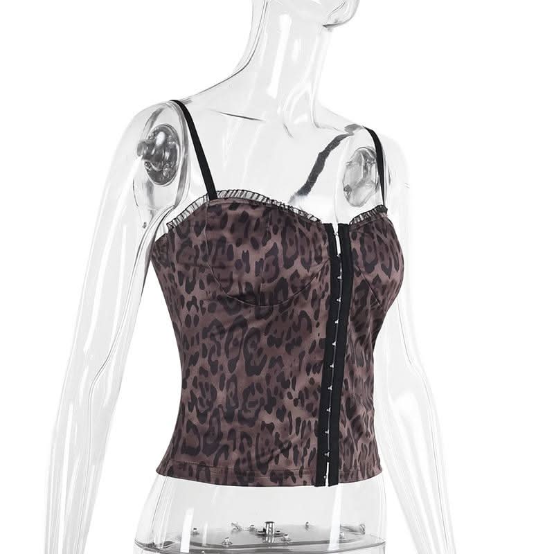 V neck leopard print ruffle backless cami top
