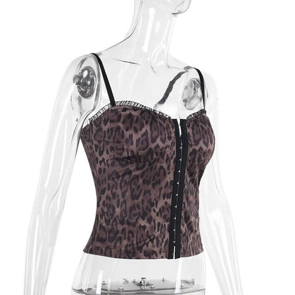 V neck leopard print ruffle backless cami top