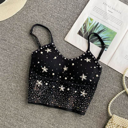 Beaded v neck padded backless cami top