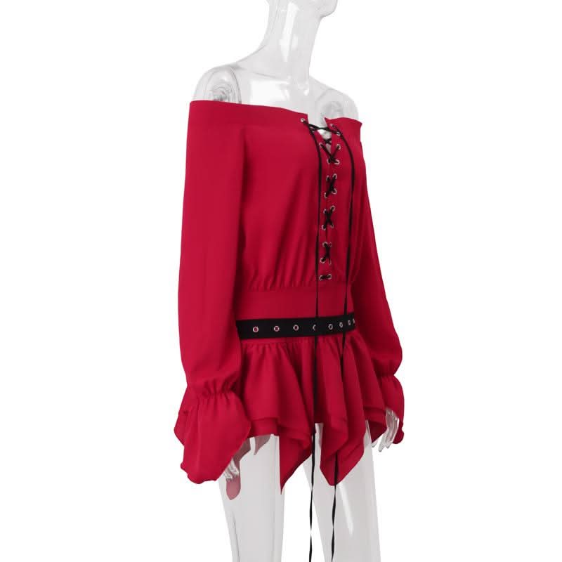 Off shoulder long sleeve ruffle lace up mini dress