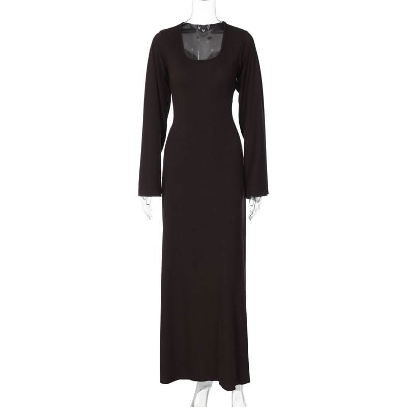 Long sleeve u neck ribbed solid maxi dress