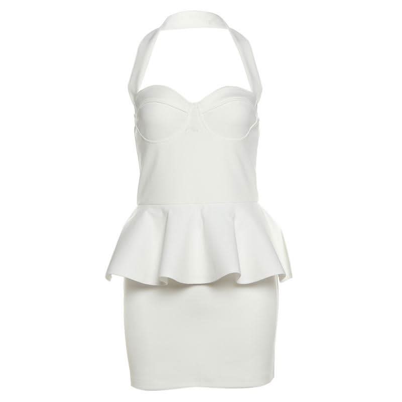 Halter ruffle v neck zip-up backless solid mini dress