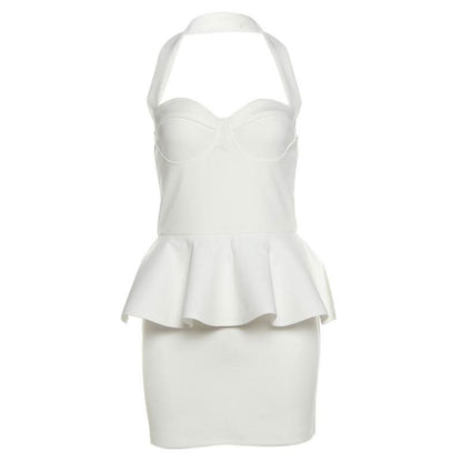 Halter ruffle v neck zip-up backless solid mini dress
