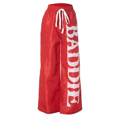Drawstring self tie letter print medium rise pocket pant