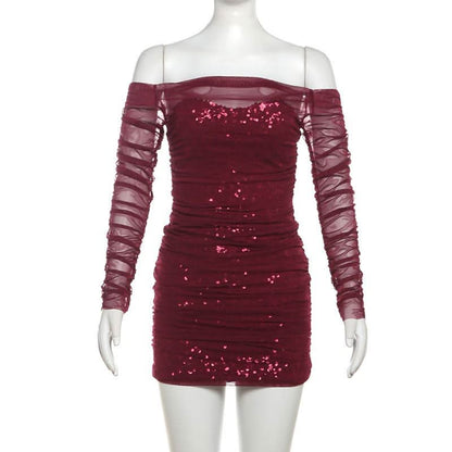 Off shoulder glitter long sleeve mesh ruched mini dress