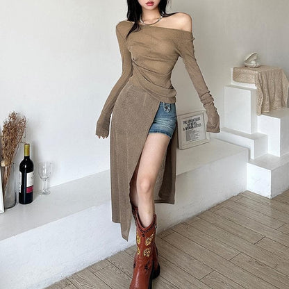 Off shoulder see through long sleeve irregular slit midi dress