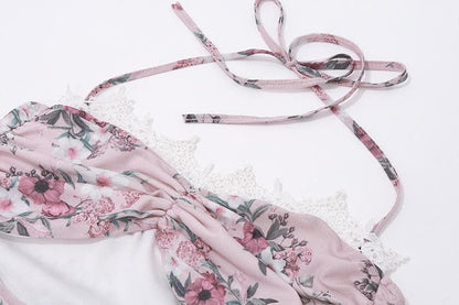 Halter hollow out lace hem flower print gloves cut out mini dress