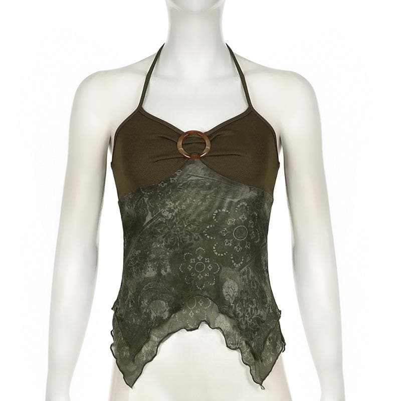 Ruched buckle print mesh ruffle cami top