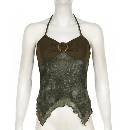 Ruched buckle print mesh ruffle cami top