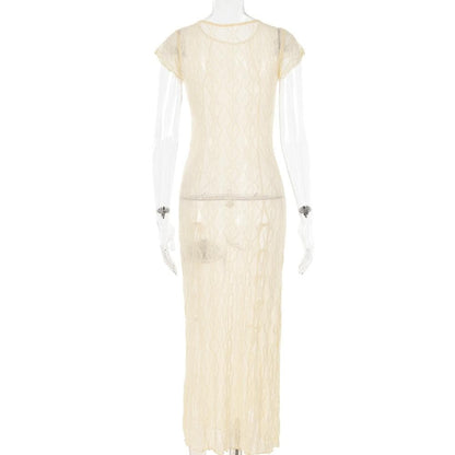 Sheer Diamond Mesh Cap Sleeve Side Bow Tie Slit Maxi Dress