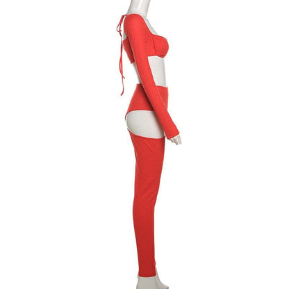 Long sleeve square neck ribbed hollow out pant set