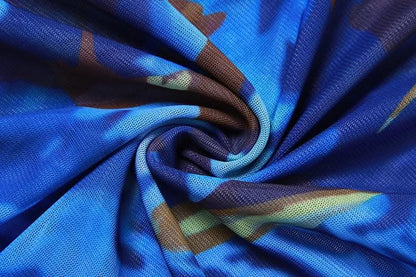 Mesh see through hollow out o ring contrast print ruffle cut out maxi dress-final-sale