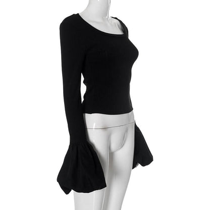 Long puff sleeve round neck ribbed ruched top