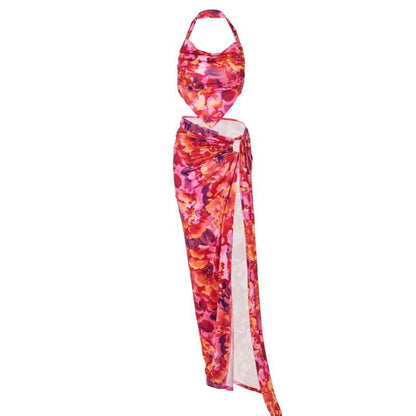 Halter flower print o ring slit maxi skirt set-final-sale