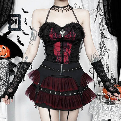 Mesh garter belt ruffle zip-up mini skirt