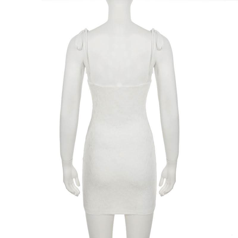 Lace u neck flower applique self tie cami mini dress