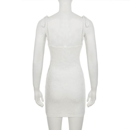 Lace u neck flower applique self tie cami mini dress