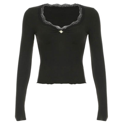 V neck long sleeve lace hem flower applique top